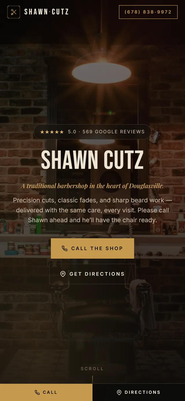 shawncutz.com on a phone — barbershop website with a 5.0-star, 569-review Google badge