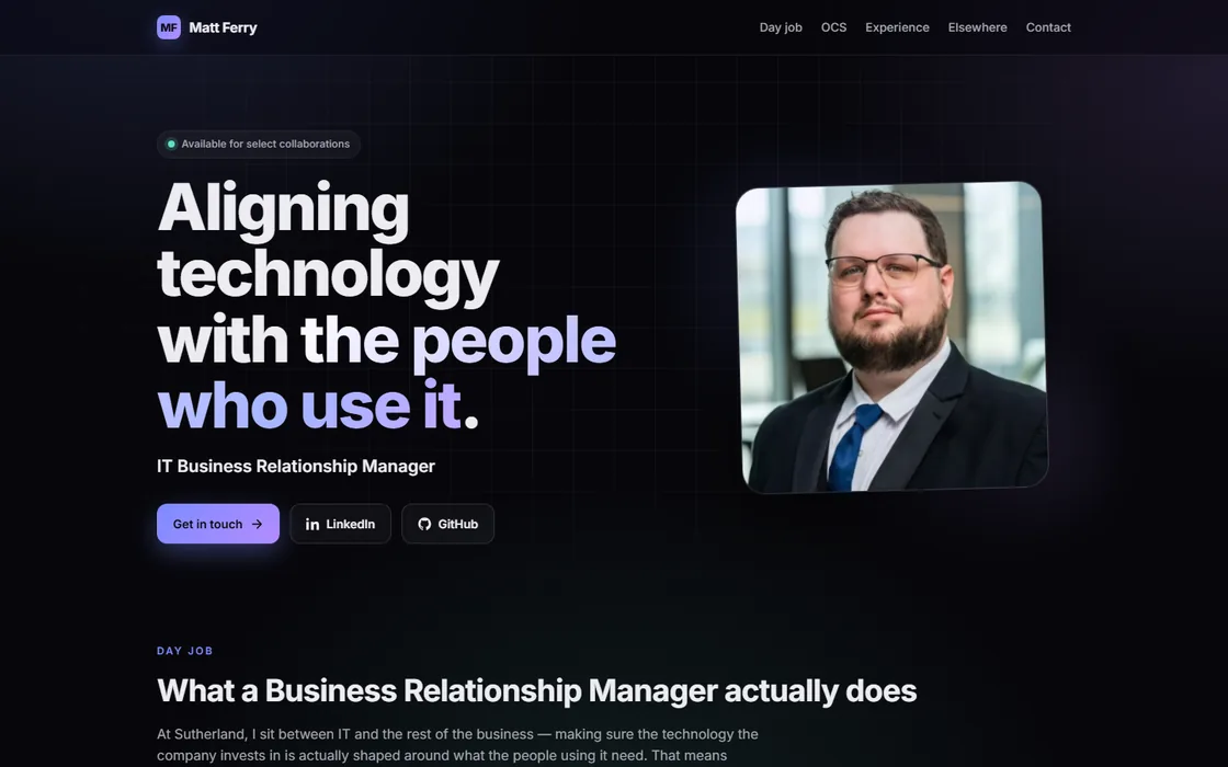 mattferry.net — dark personal website with a large headline and portrait