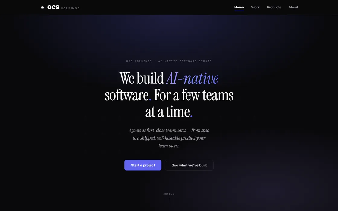 ocs-holdings.com — dark software studio website with serif headline