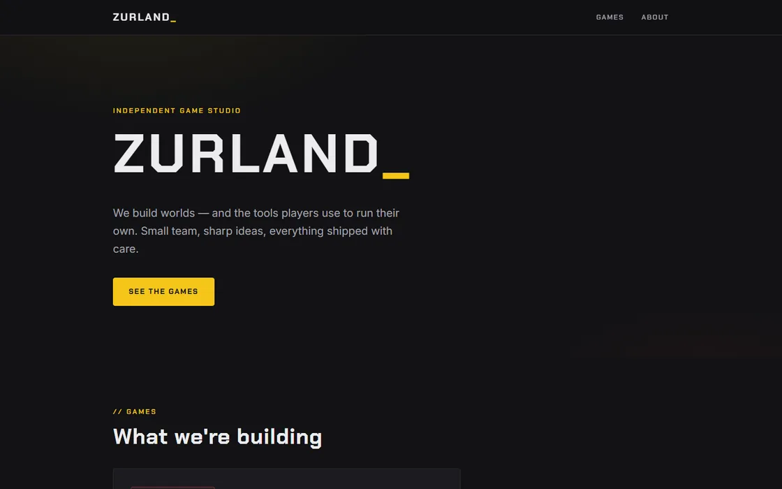 zurland.net — dark game studio website with bold yellow accents